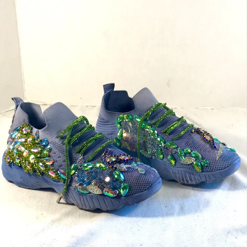 Women’s Rare Wear Customized Bedazzled Periwinkle Blue Pull On Mesh Sneakers